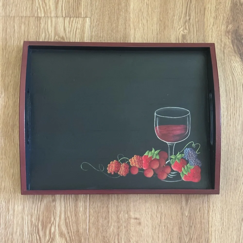 Vintage Hand Painted Chalkboard Serving Tray Wine Glass & Fruit Design